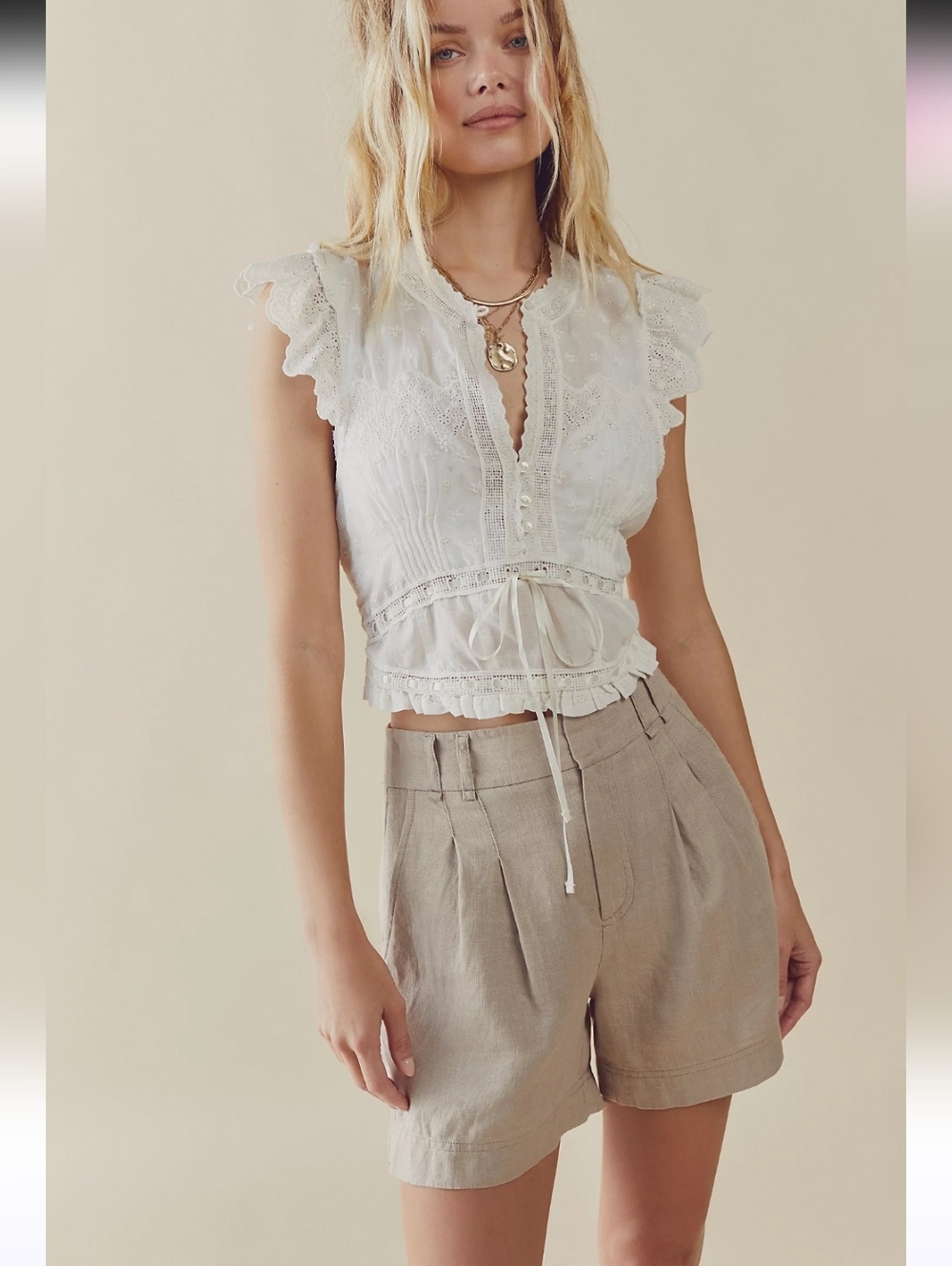 Free People Chelsea Linen Pleated Shorts Tan Size 6